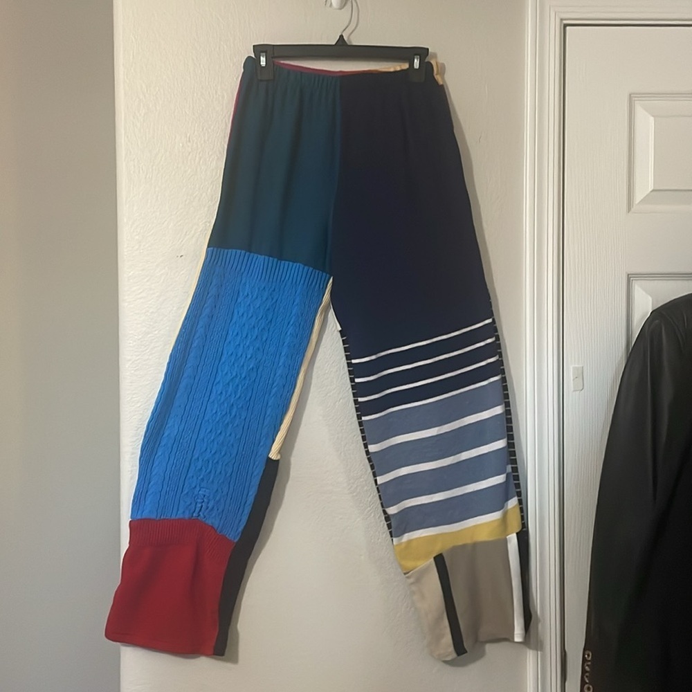 Patchwork up-cycled knit elastic waist full leg pants. All fabrics very soft.